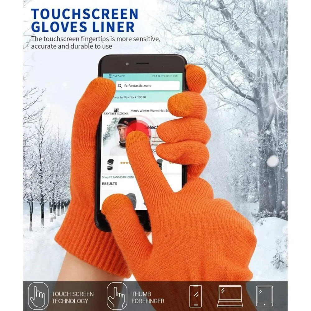 Women's Orange Winter Touchscreen Wool Magic Warm Knit Fleece Lined Gloves